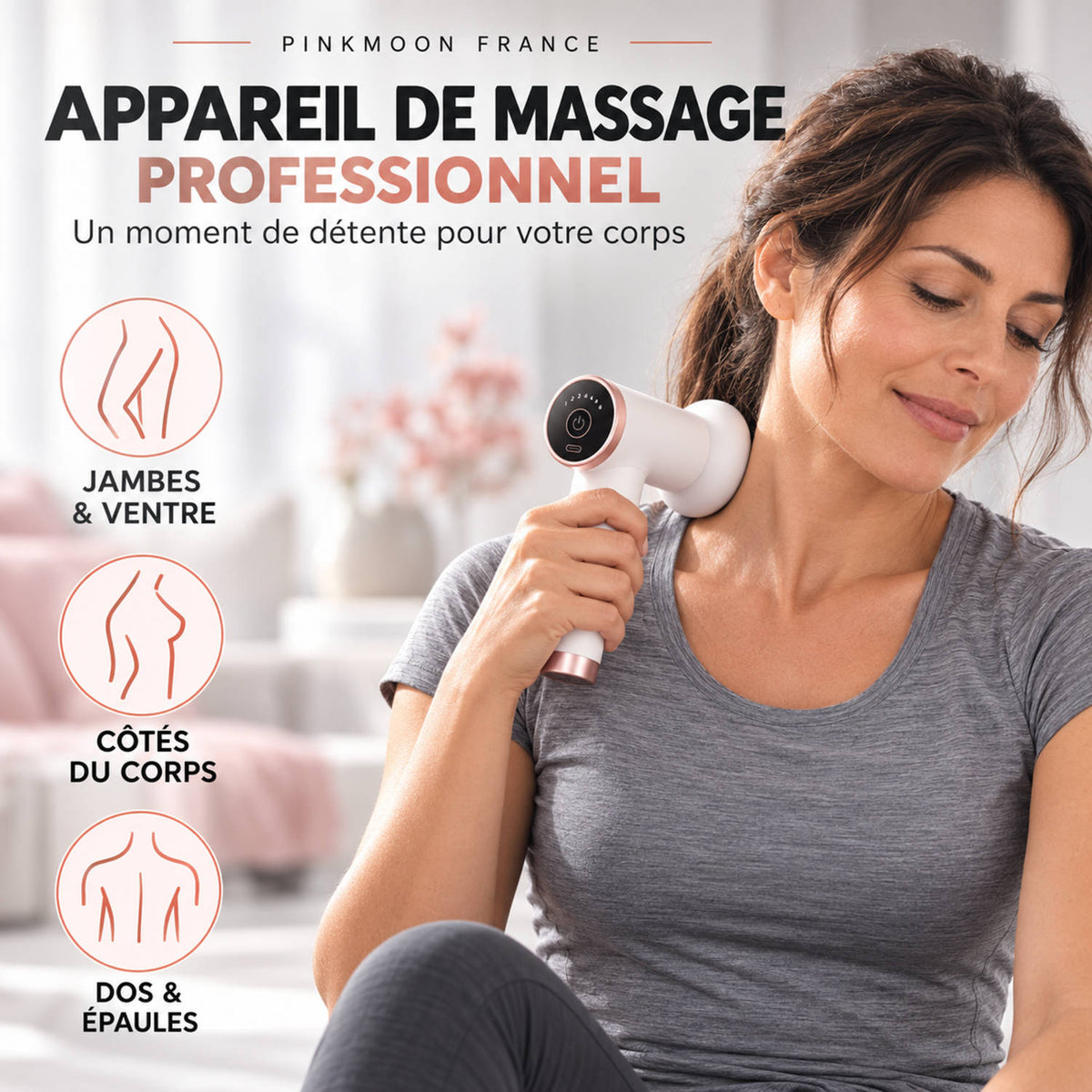 Femme utilisant un appareil de massage professionnel PINKMOON FRANCE