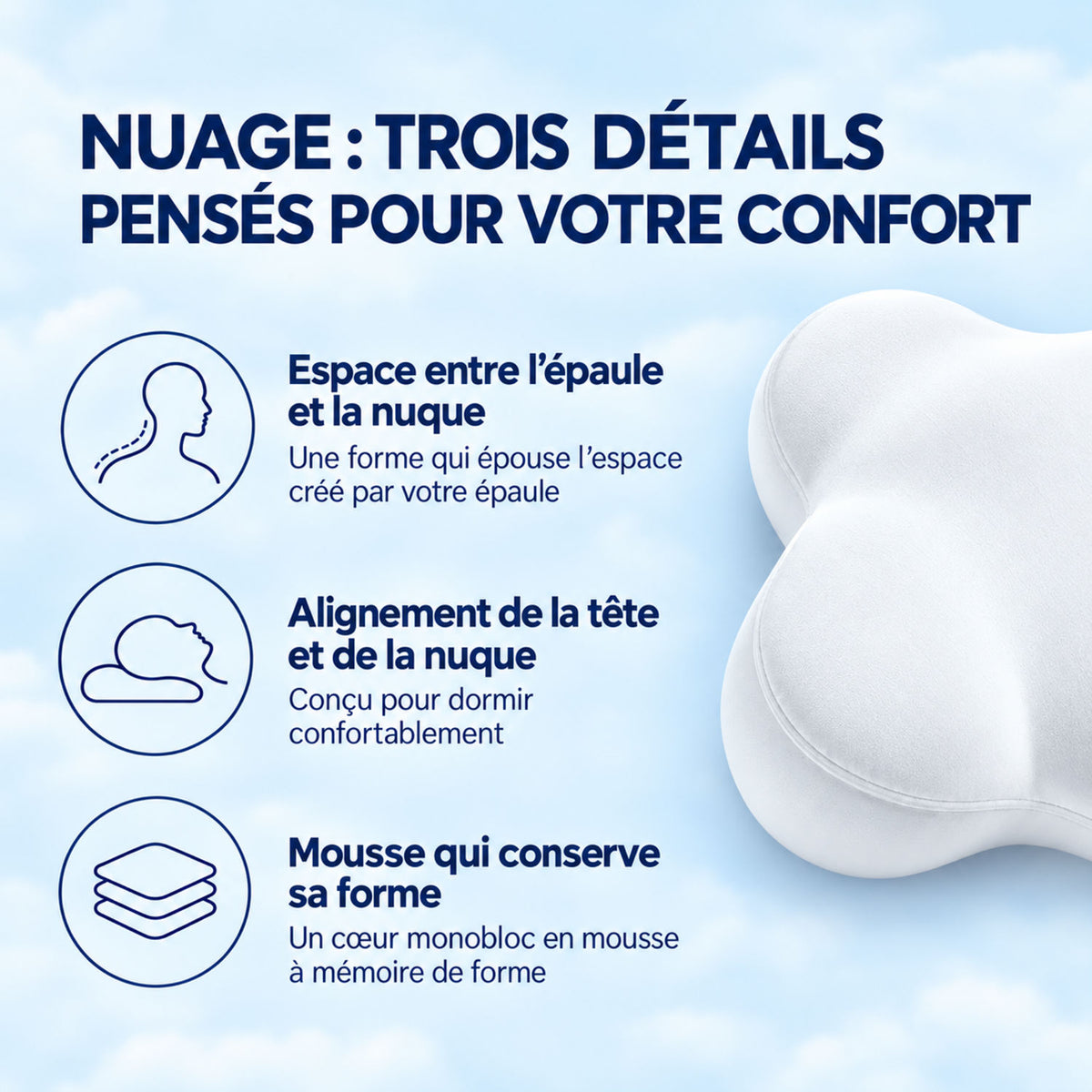 3 détails de l'oreiller ergonomique NUAGE