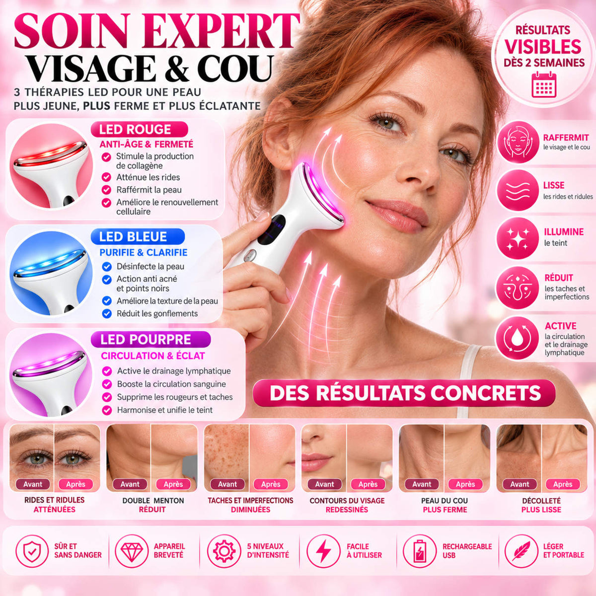 Appareil de soin visage et cou rechargeable USB PINKMOON