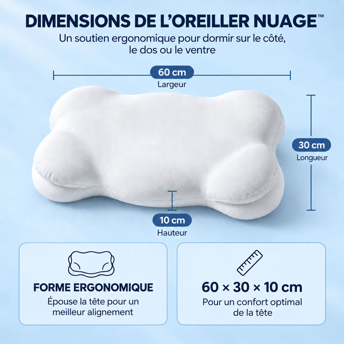 Dimensions de l'oreiller ergonomique NUAGE de PINKMOON FRANCE