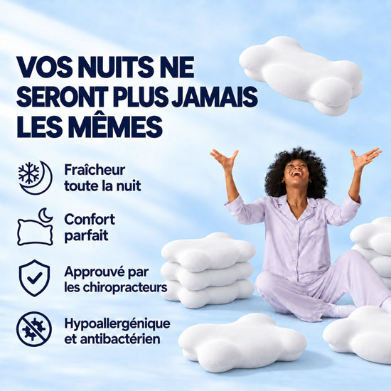 Femme jetant en l'air l'oreiller ergonomique NUAGE